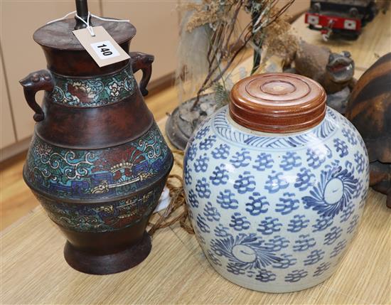 A Chinese enamelled bronze vase and a blue and white vase